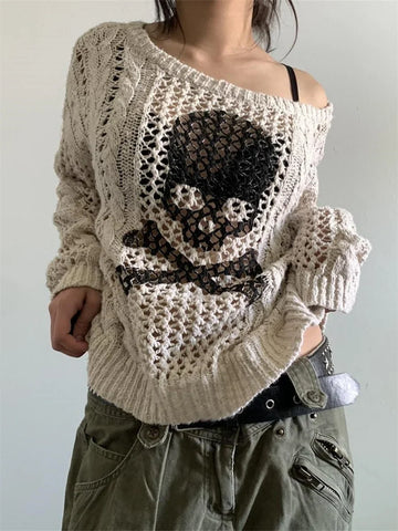 Gothic hollow knit beige pullover with Blackskull print