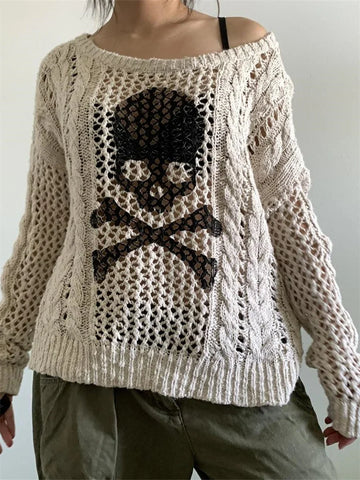 Gothic hollow knit beige pullover with Blackskull print