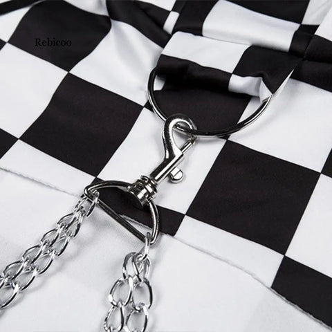 Black and white checkered pattern crop hoodie with chain for E-girl