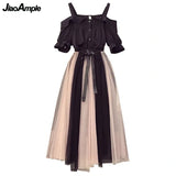 Women Summer Clothing Suit Fashion Slash Neck Black Shirt Skirts Set Korean