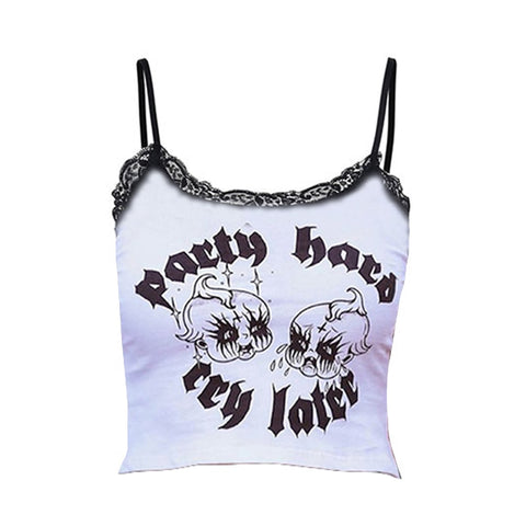 Crop Top E-Girl Weiß Drucken "Feier hart, weine später"