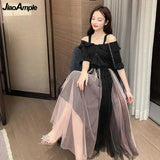 Women Summer Clothing Suit Fashion Slash Neck Black Shirt Skirts Set Korean