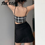 2pcs Sexy E-Girl Plaid Cami und schwarzes Crop Top Langarm