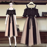 Women Summer Clothing Suit Fashion Slash Neck Black Shirt Skirts Set Korean