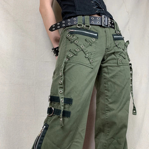 Baggy Gothic Cargo Pants with Zipper in Green for Alternative Styles | Discover Now!