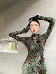 Grung Green Floral Bodycon Cheongsam Dress