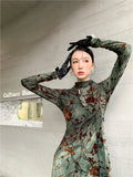 Grung Green Floral Bodycon Cheongsam Dress