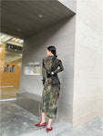 Grung Green Floral Bodycon Cheongsam Dress