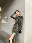 Grung Green Floral Bodycon Cheongsam Dress