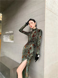 Grung Green Floral Bodycon Cheongsam Dress