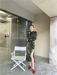 Grung Green Floral Bodycon Cheongsam Dress