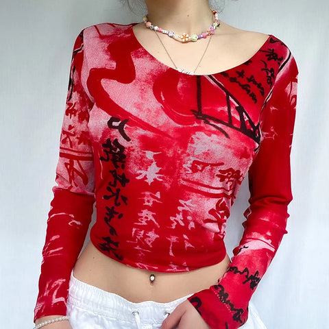 90s T-shirt E-girl Aesthetic Graphic Print Long Sleeve Cropped Top