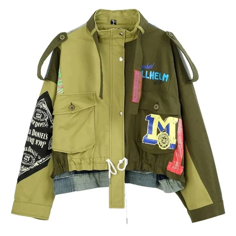 Y2K デニムジャケット Jacke für Damen Lockere Lange mit tatement-Patches