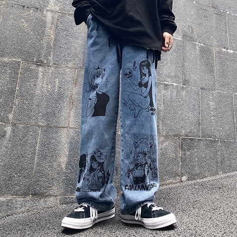 Vintage Jean in Blau aus den 90ern mit schwarzem Manga-Druck