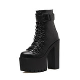 Schwarze gotic-Lederimitat-Kuss-Stiefel mit hohem Absatz