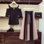 Women Summer Clothing Suit Fashion Slash Neck Black Shirt Skirts Set Korean