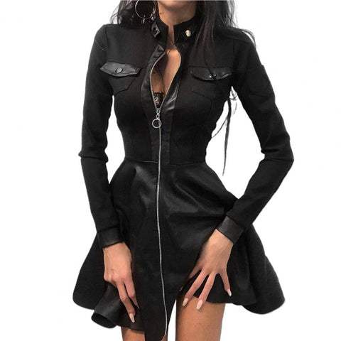 Gothic Mini Kleid Egirl Lange Ärmel Reißverschlusstasche Großer Saum Kunstleder