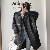 Oversized black leather biker jacket for women Casual style