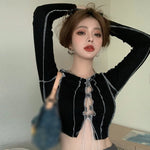 Lace Up Bandage Langarm Crop Top E Girl Kontrast Stitch Patchwork Big Fall