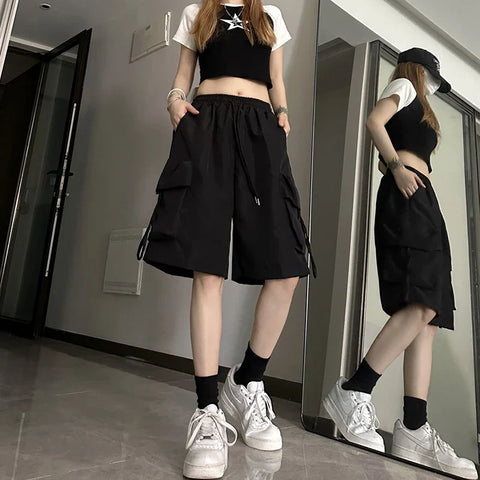 Alternative Black High Waist Cargo Shorts with Wide Leg