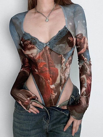 Verführerische Mesh Bodysuits mit Kunstdruck