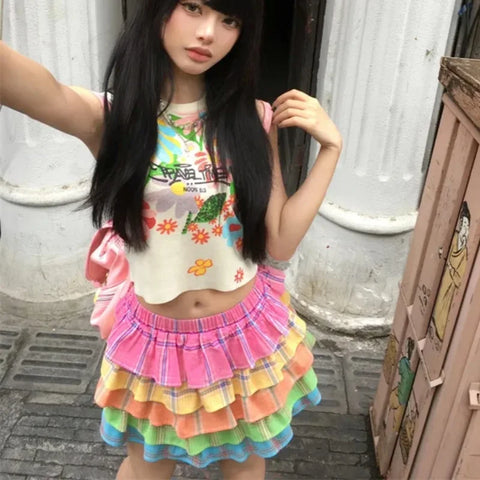 Colorful Y2K Style E-Girl Pleated Skirts – Cute Rainbow Fashion