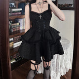 Black gothic dress with lace straps and double hem