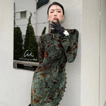 Grung Green Floral Bodycon Cheongsam Dress