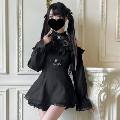 Japanese Gothic Bow Dress Shorts Set with Lace and Playful Ribbon