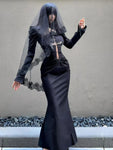 Black Midi Dress with Lace and Cross Decor for Gothic Lovers