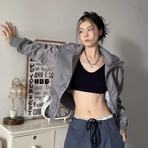 Stand-up Collar Gray Jacket for Women Y2K Aesthetic