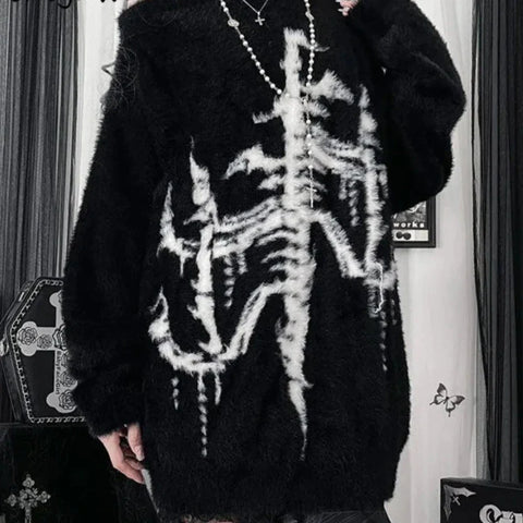 Oversized Gothic Pullover for Women with Off-Shoulder and Skeleton Print