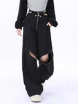 Black Y2K Cargo Pants for Women Wide Leg with Zipper Detail