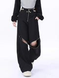 Black Y2K Cargo Pants for Women Wide Leg with Zipper Detail