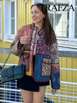 Ethno-Boho Women's Jacket with Floral Print and Contrast Pockets 2024