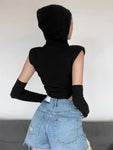 Schwarzer Egir Hoodie Bodysuit Sexy Round Neck Sleeveless