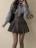 3-piece E-girl skirt set: short coat, pleated skirt &amp; striped shirt