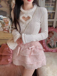 Rosa Kawaii-Lolita Pullover mit Herzdesign und Pelzbesatz