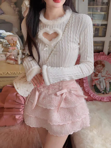 Rosa Kawaii-Lolita Pullover mit Herzdesign und Pelzbesatz