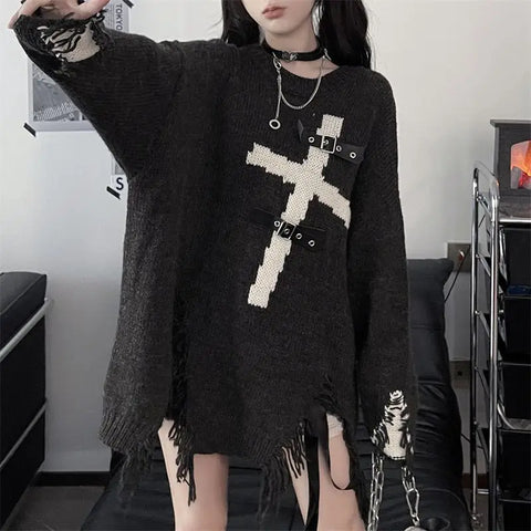 Gothic Oversize Pullover with Cross Motif Japanese Style