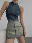 Sleeveless Grunge Denim Dress with Turtleneck and Zipper