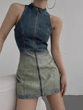 Sleeveless Grunge Denim Dress with Turtleneck and Zipper