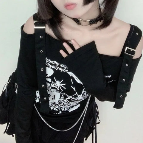 Oversize Gothic Slash Neck Top Casual Black Hoodie