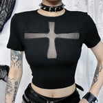 Schwarzes Gothic-T-Shirt mit Kreuz-Ausschnitt und Rückenfrei