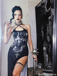 Gothic summer dress with sheep totem print and neck straps