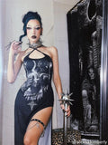 Gothic summer dress with sheep totem print and neck straps