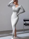 Korean Gray Knitted Dress with V-Neck and Side