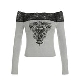 Oversized Gothic-Trap Crop Top with Lace Neckline