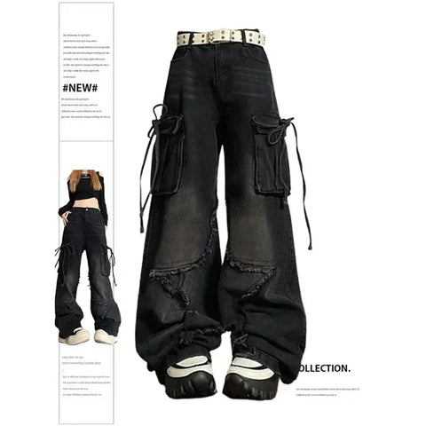 Cargo Jeans in Gothic Style with Wide Leg Cut and High Waist