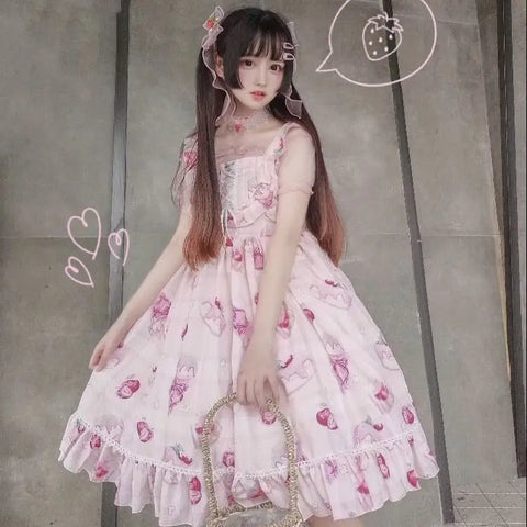 Sweet Lolita Style Dress for Women Japanese with Cherry Blossom Pattern and Flowing